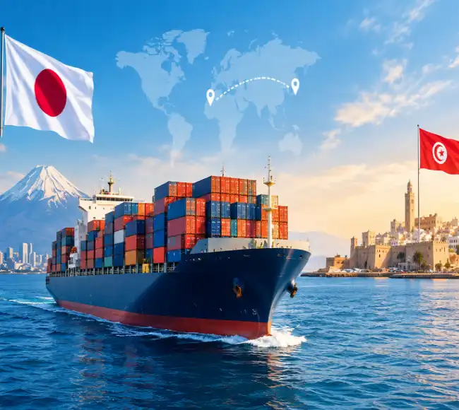 Shipping from Japan to Tunisia with container ship and Japanese and Tunisian flags